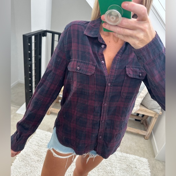 Paige red & blue Plaid Button Down Flannel blouse country western winter fall M - Picture 3 of 9